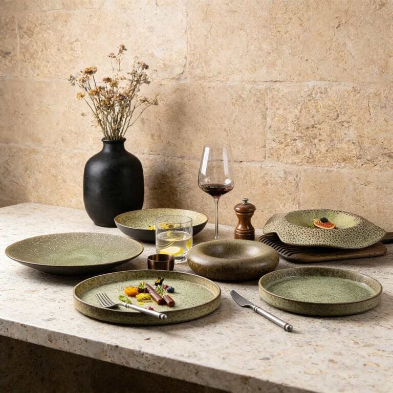 Moss-Green Speckled Stoneware Tableware Set