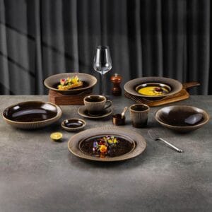 Dark Brown Gilded Vertical Texture High-Temperature Kiiln Change Ceramic Tableware Set