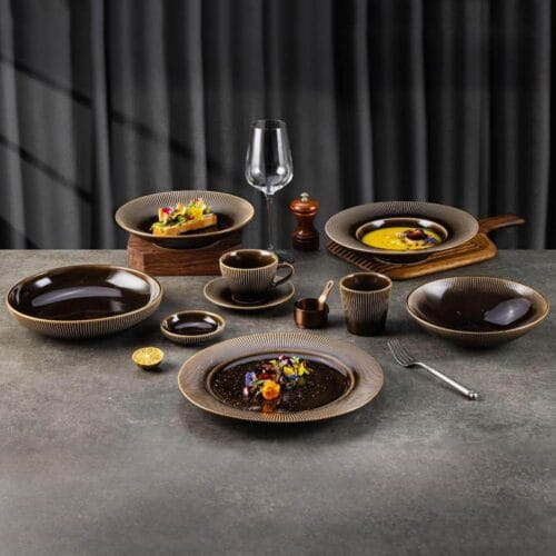 Dark Brown Gilded Vertical Texture High-Temperature Kiiln Change Ceramic Tableware Set
