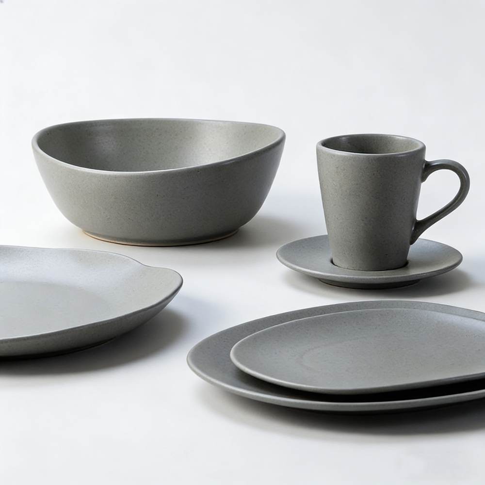 Premium Matte Gray Ceramic Tableware Set - Irregular Soft-Edge
