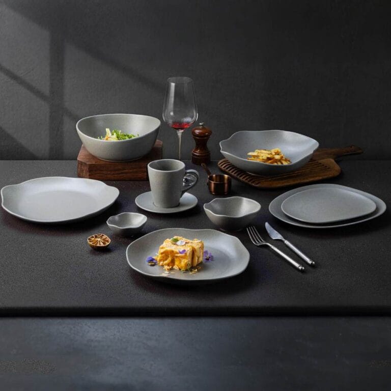 Premium Matte Gray Ceramic Tableware Set - Irregular Soft-Edge