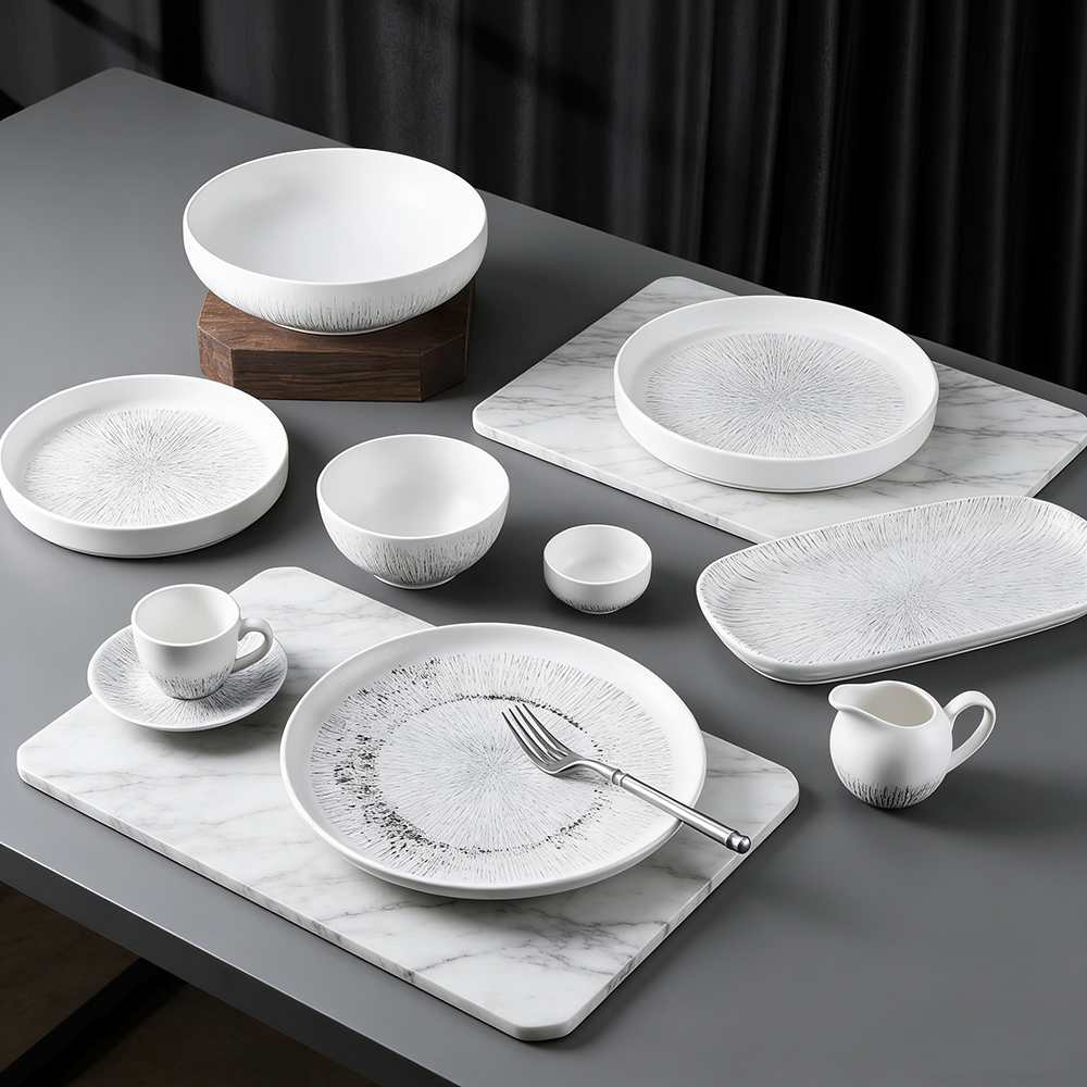 White-Gray Splatter Texture Ceramic Tableware