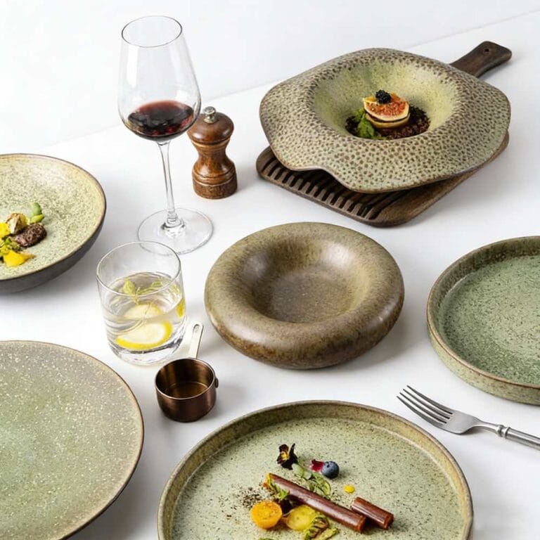 Moss-Green Speckled Stoneware Tableware Set