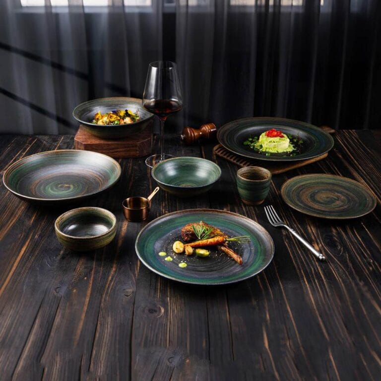 Dark Green Swirl Kiln-Change Glaze Ceramic Dinnering Plate Set