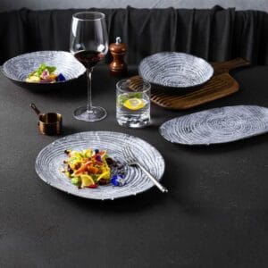 Wood-Grain Growth Ring Ceramic Dinner Plate Set