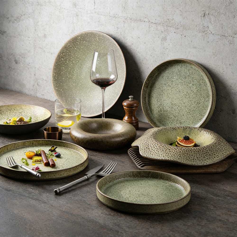 Moss-Green Speckled Stoneware Tableware Set