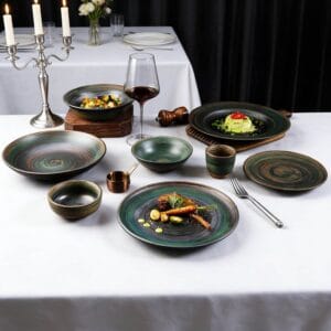 Dark Green Swirl Kiln-Change Glaze Ceramic Dinnering Plate Set
