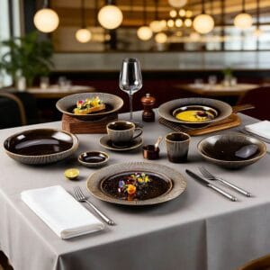 Dark Brown Gilded Vertical Texture High-Temperature Kiiln Change Ceramic Tableware Set