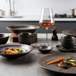 Dark Brown Swirl Matte Glaze Ceramic Tableware Set