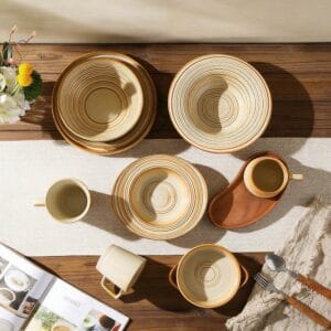Warm Brown Stripe Vintage Stoneware Ceramic Tableware Set