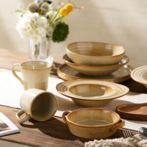 Warm Brown Stripe Vintage Stoneware Ceramic Tableware Set