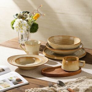 Warm Brown Stripe Vintage Stoneware Ceramic Tableware Set