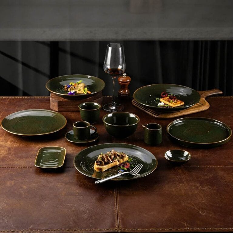 Dark Ink-Green Grain Glaze Ceramic Tableware Set