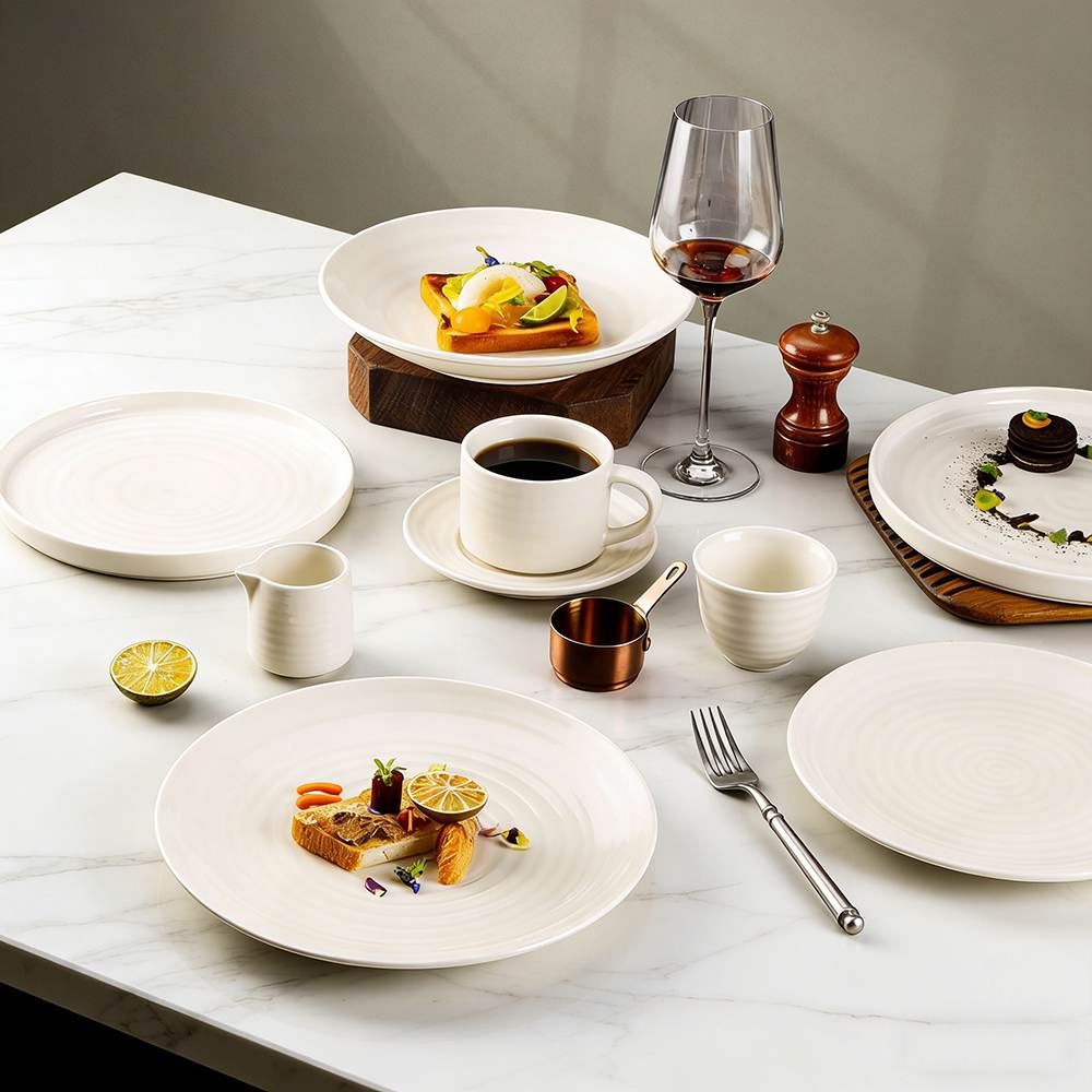 Pure White Swirl Texture Porcelain Dinnerware Set