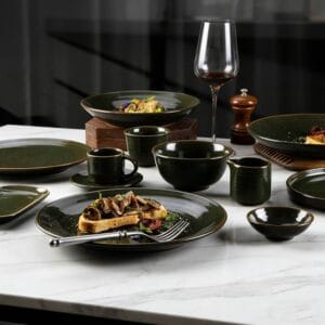 Dark Ink-Green Grain Glaze Ceramic Tableware Set