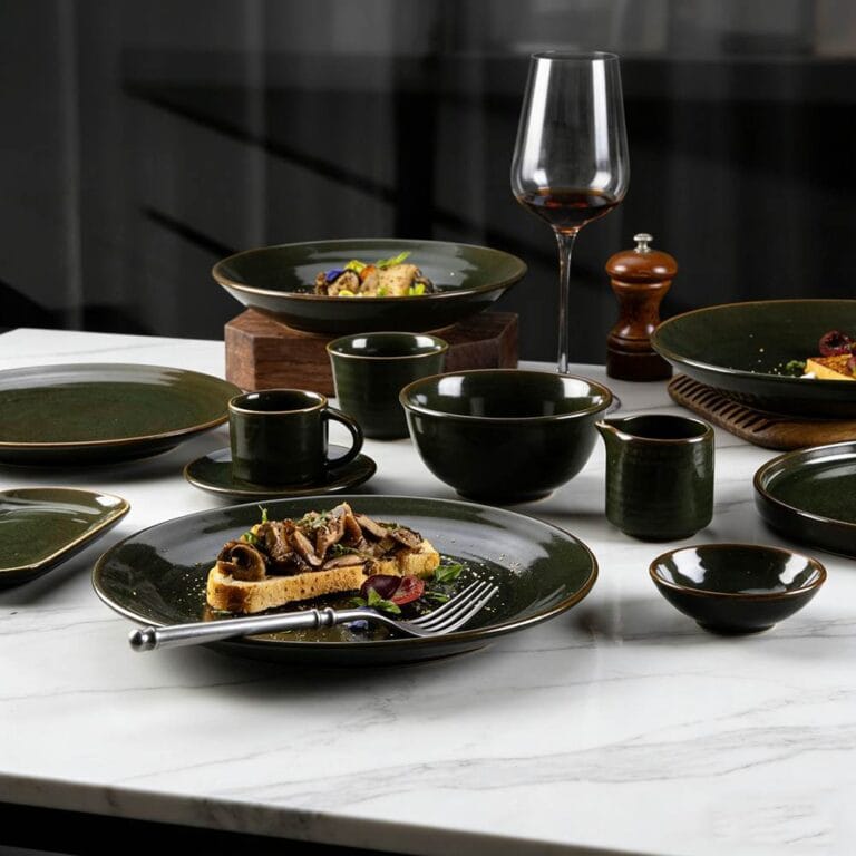 Dark Ink-Green Grain Glaze Ceramic Tableware Set