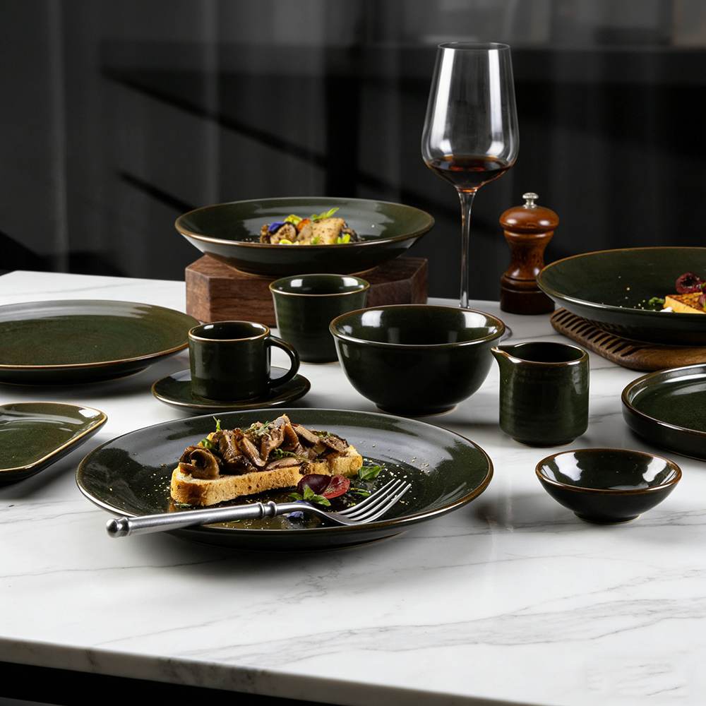 Dark Ink-Green Grain Glaze Ceramic Tableware Set