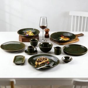 Dark Ink-Green Grain Glaze Ceramic Tableware Set