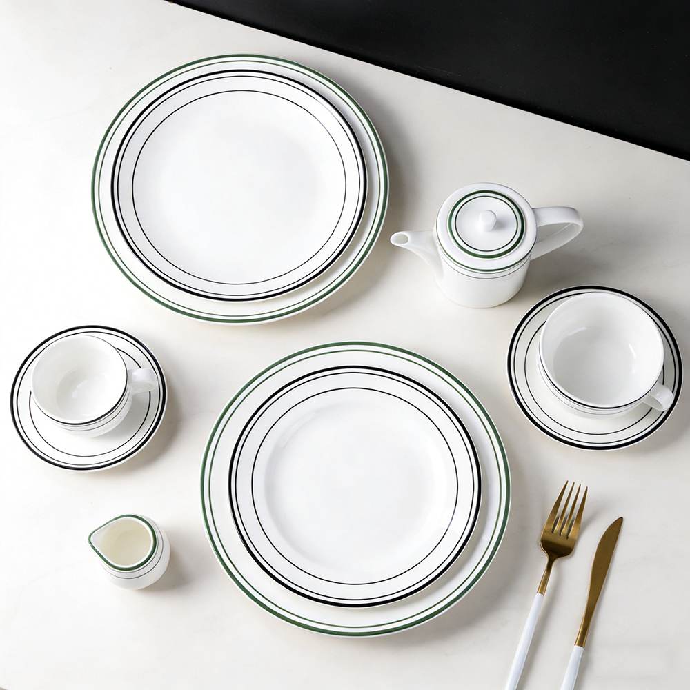 Pure White Two-Tone Stripe Trim Porcelain Tableware Set