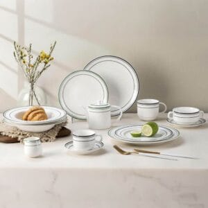 Pure White Two-Tone Stripe Trim Porcelain Tableware Set