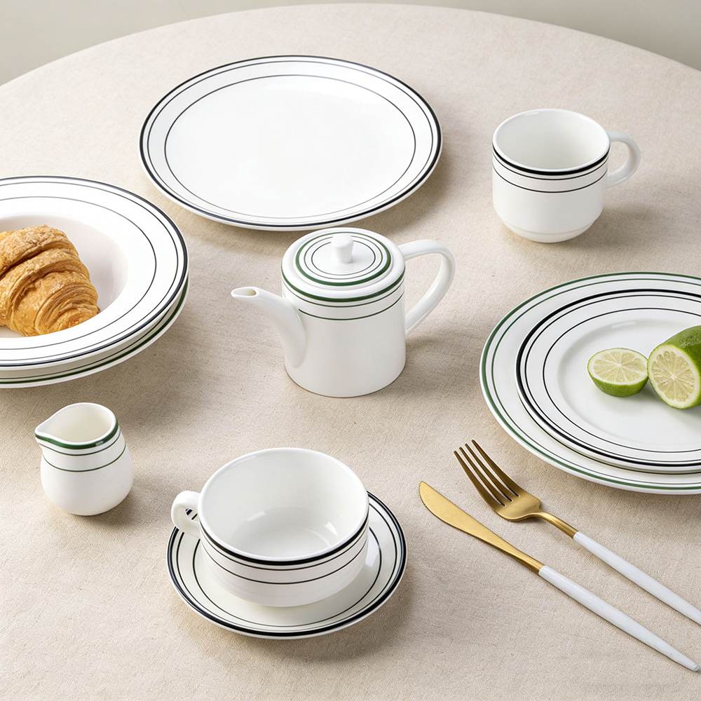 Pure White Two-Tone Stripe Trim Porcelain Tableware Set