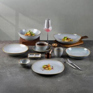Gold Trim Light Fog Blue Gradient Glaze Ceramic Dinnerware Plates Bowls Set