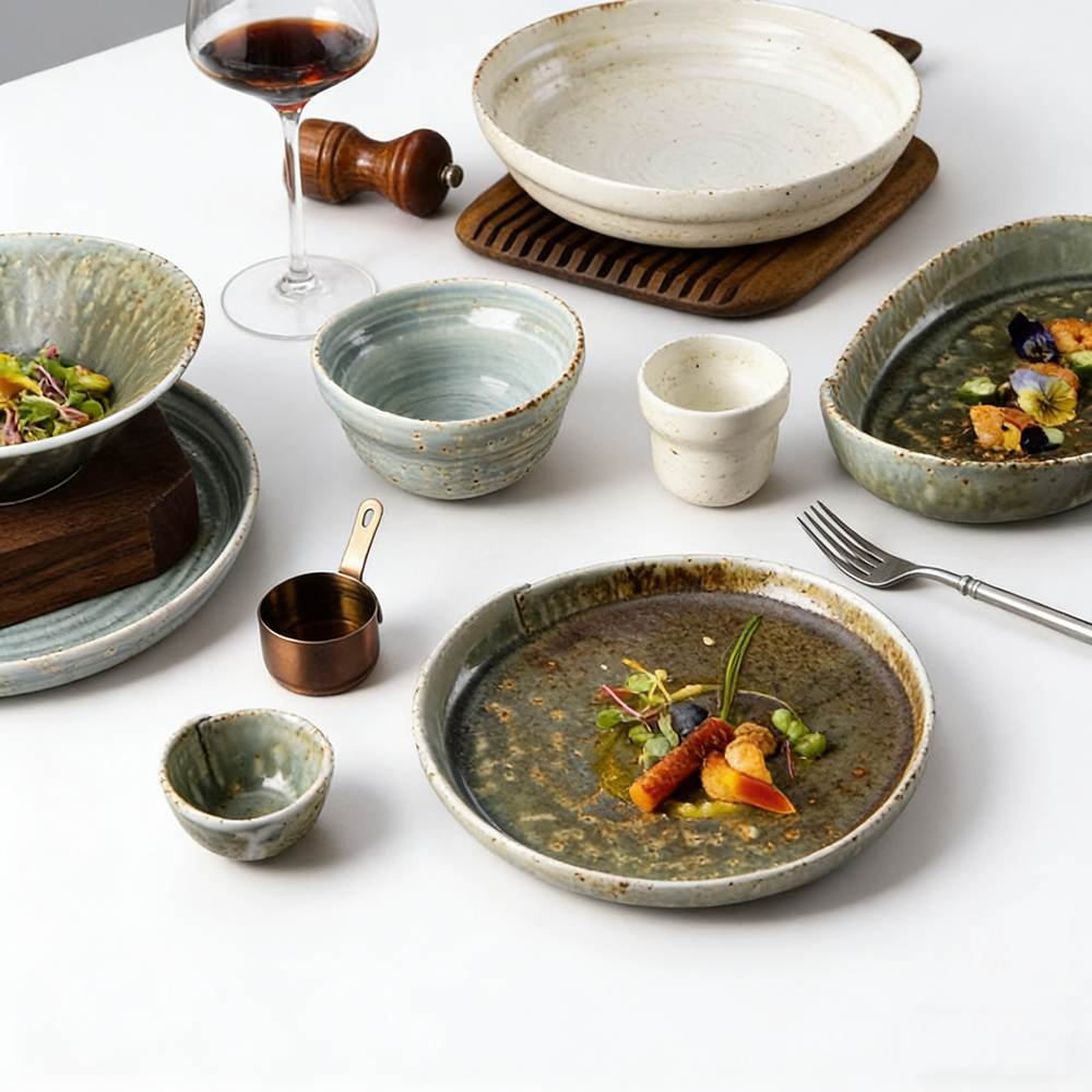 Gray-Green Earthy Vintage Stoneware Glaze Ceramic Tableware Set