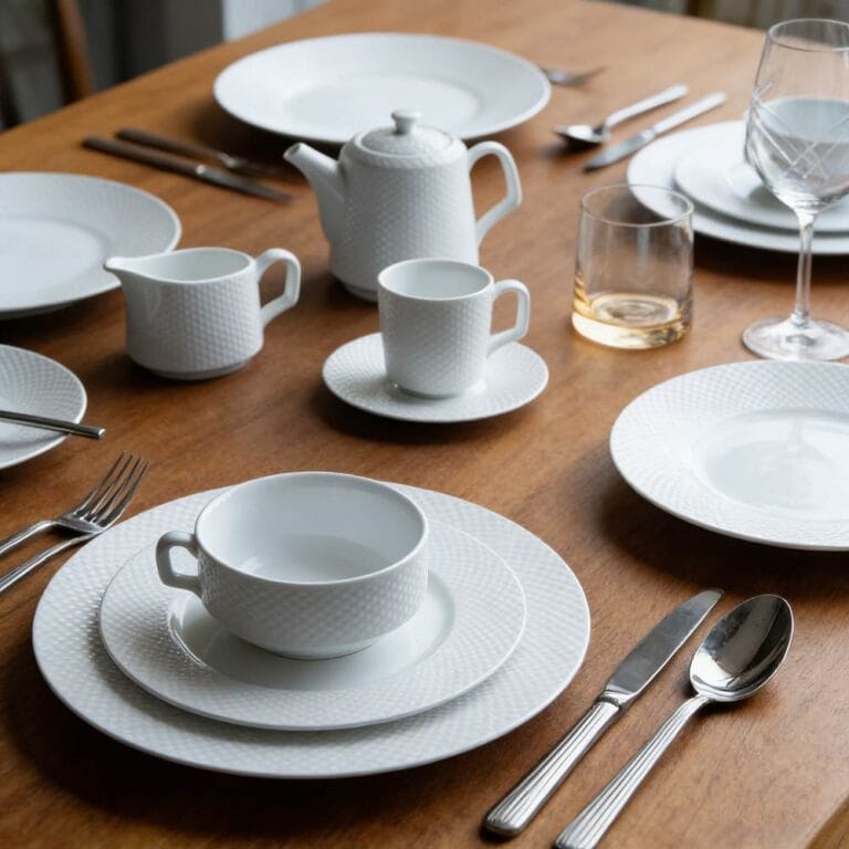 White Diamond-Pattern Embossed Durable Porcelain Dinnerware Set