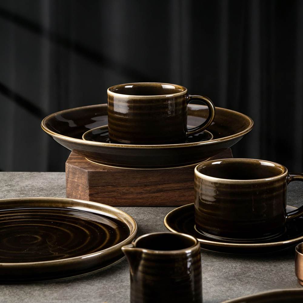 Dark Brown Swirl Color-Block Glaze Ceramic Dinnerware Set