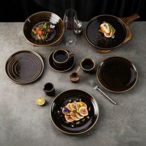 Dark Brown Swirl Color-Block Glaze Ceramic Dinnerware Set