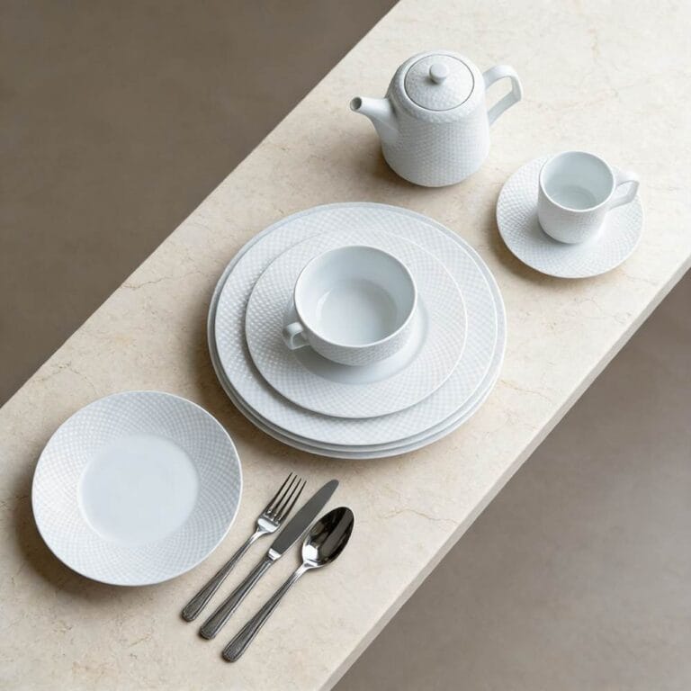 White Diamond-Pattern Embossed Durable Porcelain Dinnerware Set