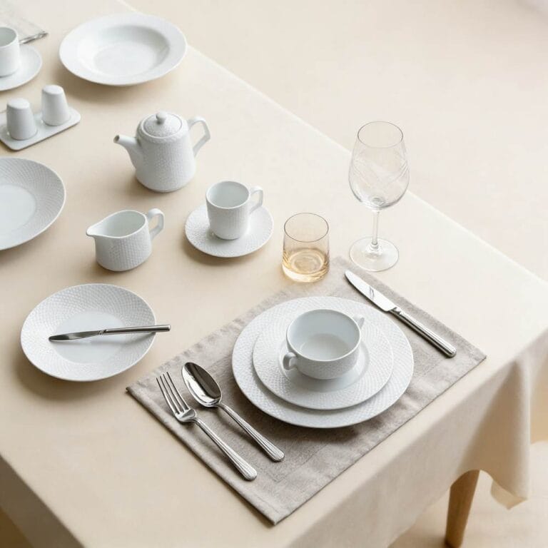 White Diamond-Pattern Embossed Durable Porcelain Dinnerware Set