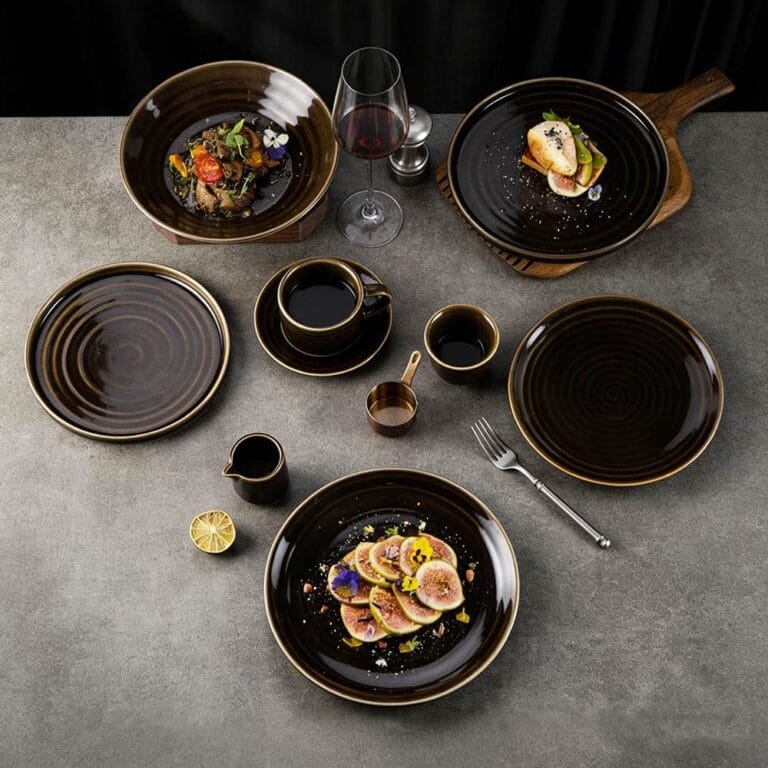 Dark Brown Swirl Color-Block Glaze Ceramic Dinnerware Set