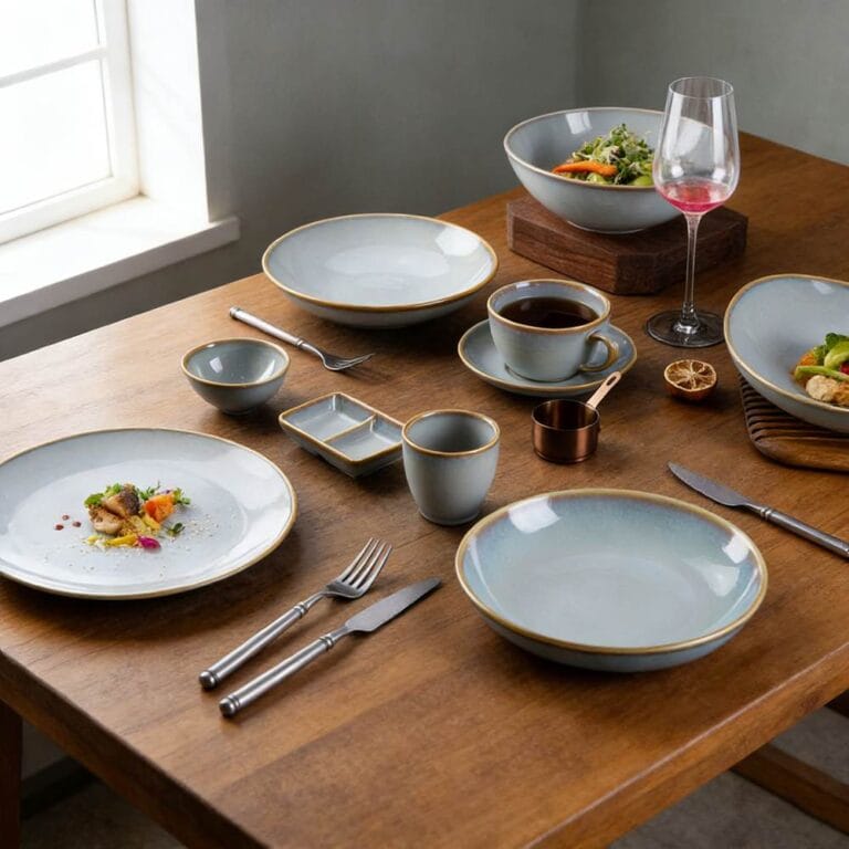 Gold Trim Light Fog Blue Gradient Glaze Ceramic Dinnerware Plates Bowls Set