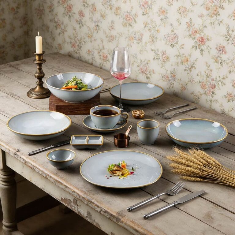 Gold Trim Light Fog Blue Gradient Glaze Ceramic Dinnerware Plates Bowls Set