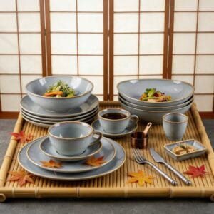 Gold Trim Light Fog Blue Gradient Glaze Ceramic Dinnerware Plates Bowls Set