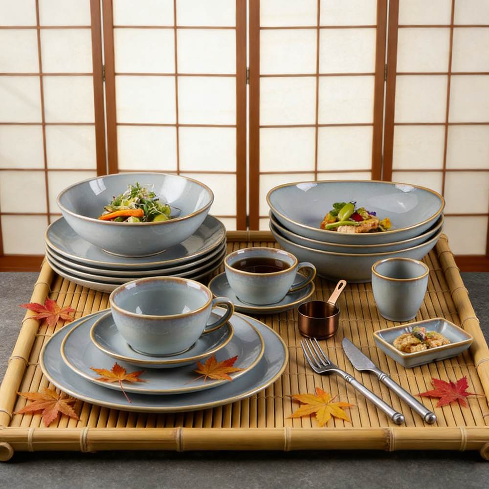 Gold Trim Light Fog Blue Gradient Glaze Ceramic Dinnerware Plates Bowls Set