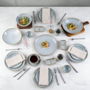 Gold Trim Light Fog Blue Gradient Glaze Ceramic Dinnerware Plates Bowls Set