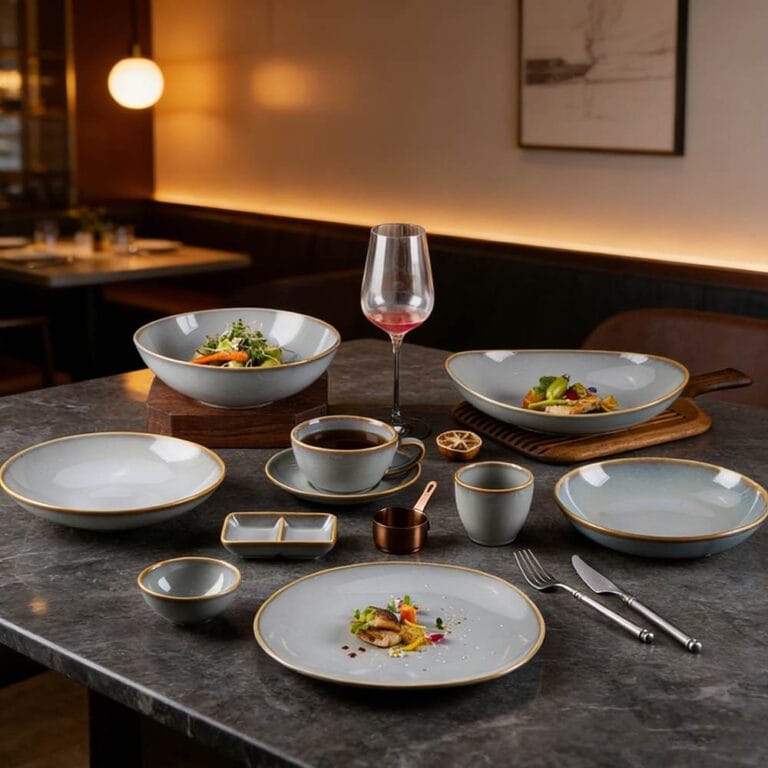 Gold Trim Light Fog Blue Gradient Glaze Ceramic Dinnerware Plates Bowls Set