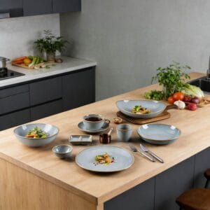 Gold Trim Light Fog Blue Gradient Glaze Ceramic Dinnerware Plates Bowls Set