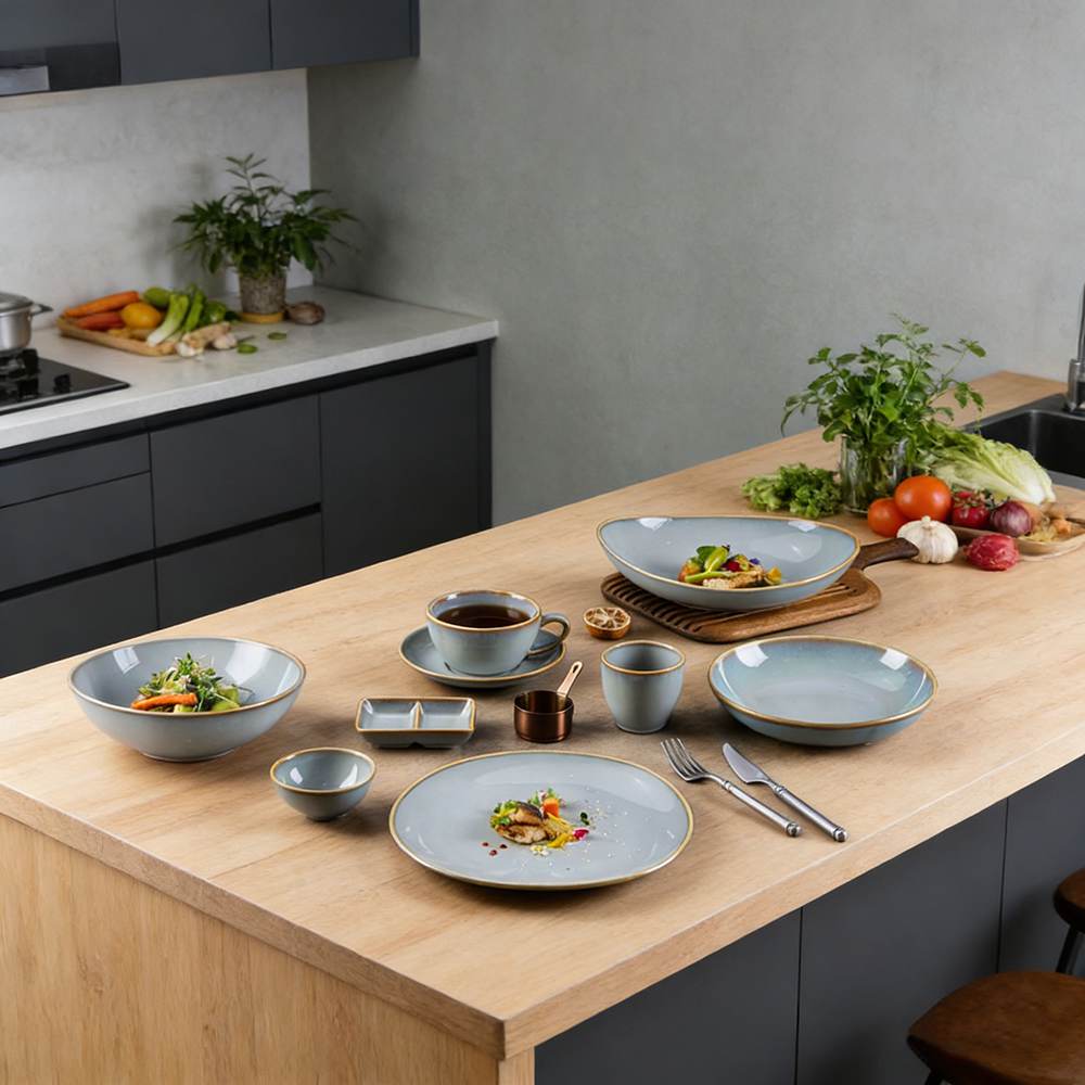 Gold Trim Light Fog Blue Gradient Glaze Ceramic Dinnerware Plates Bowls Set