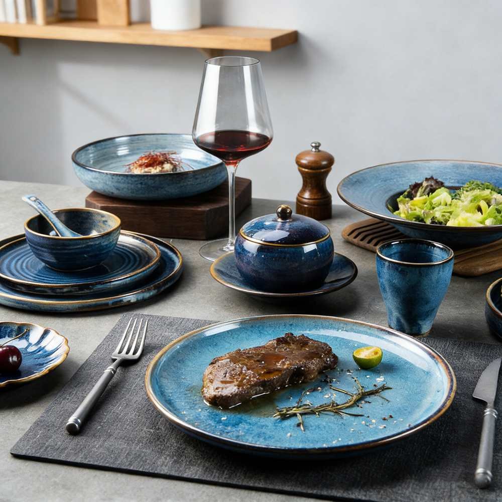 Deep Sea Blue Kiln-Change Glaze Ceramic Tableware Set Reto Japanese Style Plates & Bowls