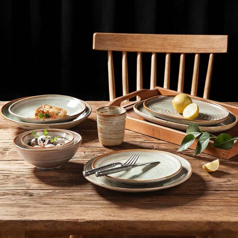 Light Celadon Gray Kiln-Change Glaze Ceramic Dinnerware Set - Rustic ...