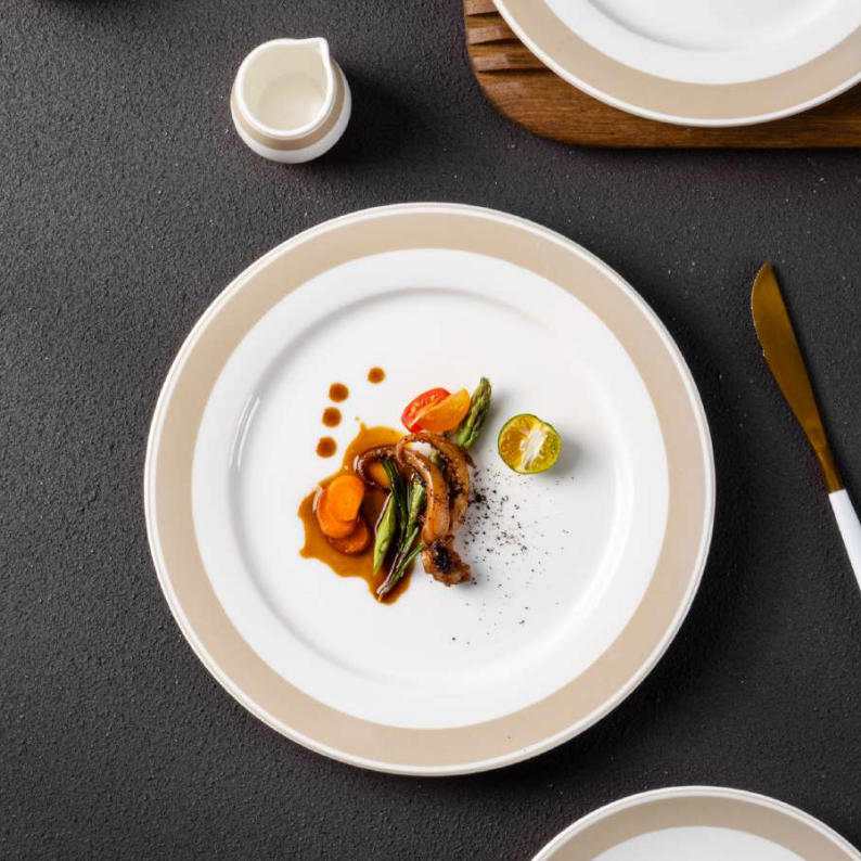 White Porcelain Dinnerware Set with Light Coffee Wide Trim