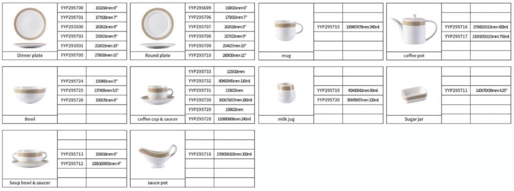 White Porcelain Dinnerware Set with Light Coffee Wide Trim