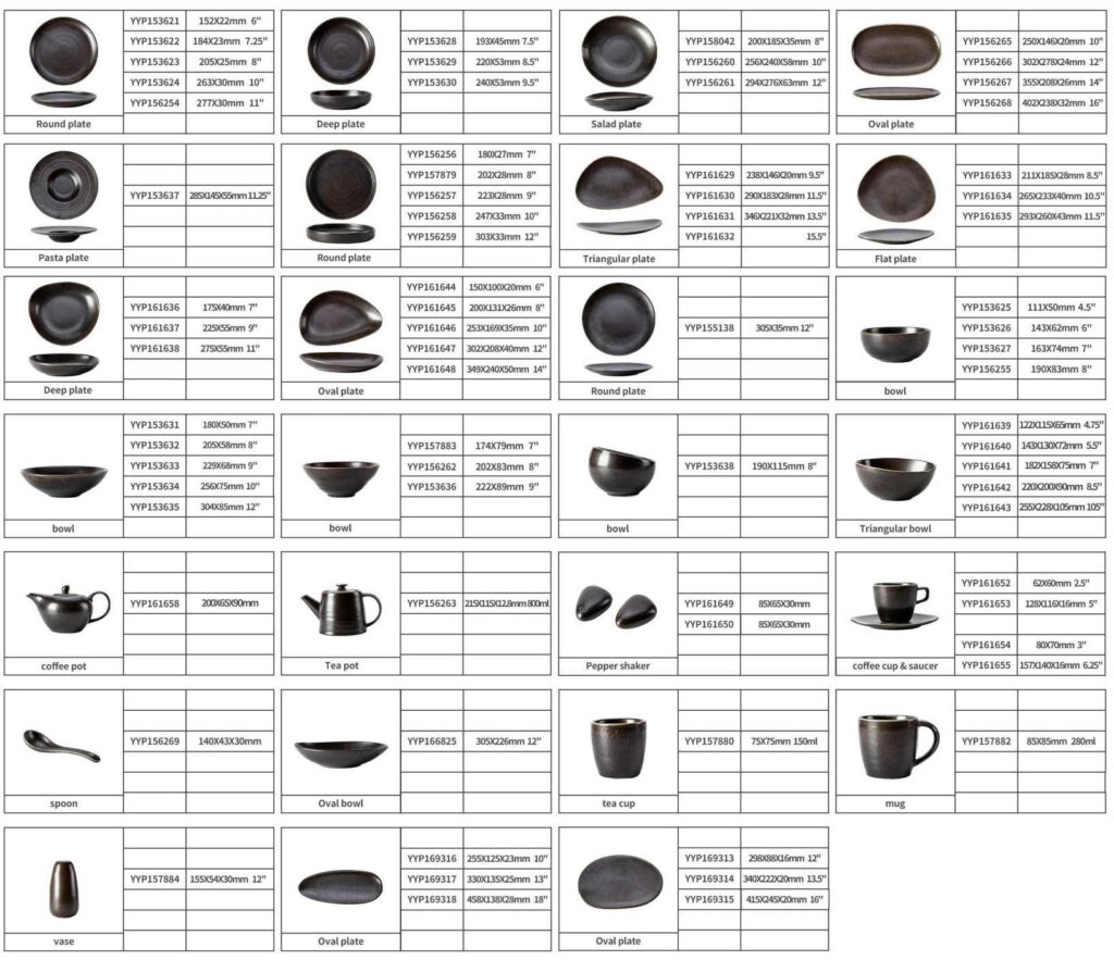 Product Description This tableware set centers on dark brown kiln-change glaze + vintage spiral pattern design, crafted from ceramic. The glaze presents a rich dark brown kiln-change finish paired with understated spiral textures, fitting the dining scenarios of dark-style Western restaurants, Japanese izakayas, and industrial-style home tables, infusing a calm and high-end atmosphere into meals. It blends aesthetics with functionality: The dark brown kiln-change glaze features a vintage matte texture, combining uniqueness and quality; the spiral pattern details enhance visual layers and suit serving diverse dishes like grilled meat, sushi, and thick soups; the multi-vessel combination (plates, bowls, teapots, cups) covers scenarios like formal meals and tea service. Matching with same-color cutlery creates a unified style. Whether for distinctive serving in restaurants or quality family gatherings, this tableware set becomes a textured highlight on the dining table with its calm vintage style.