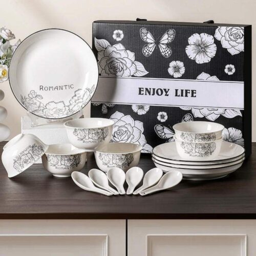 Custom Black & White Floral Underglaze Porcelain Tableware Gift Set