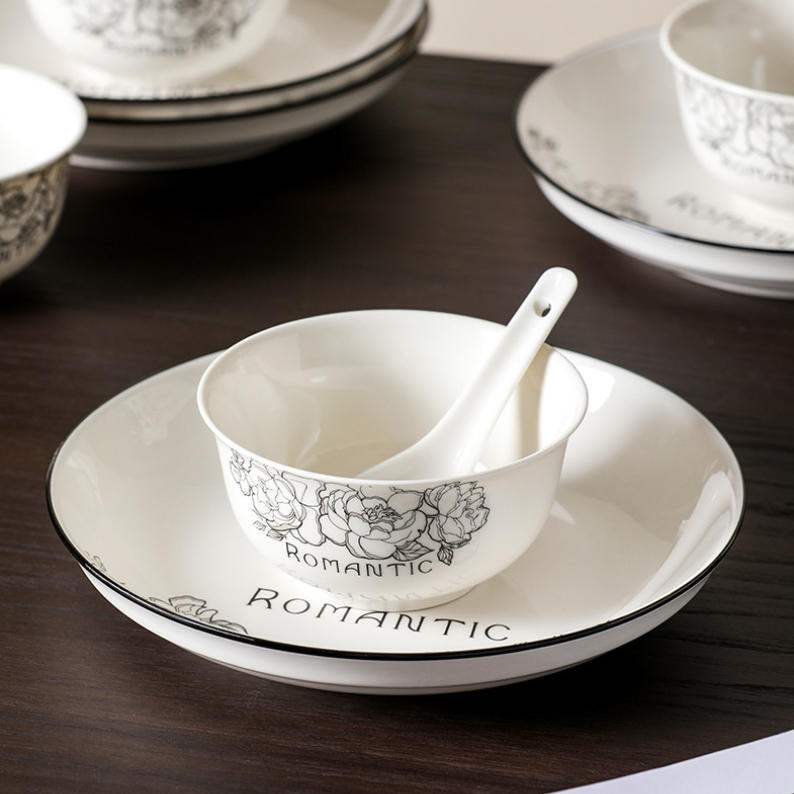 Custom Black & White Floral Underglaze Porcelain Tableware Gift Set