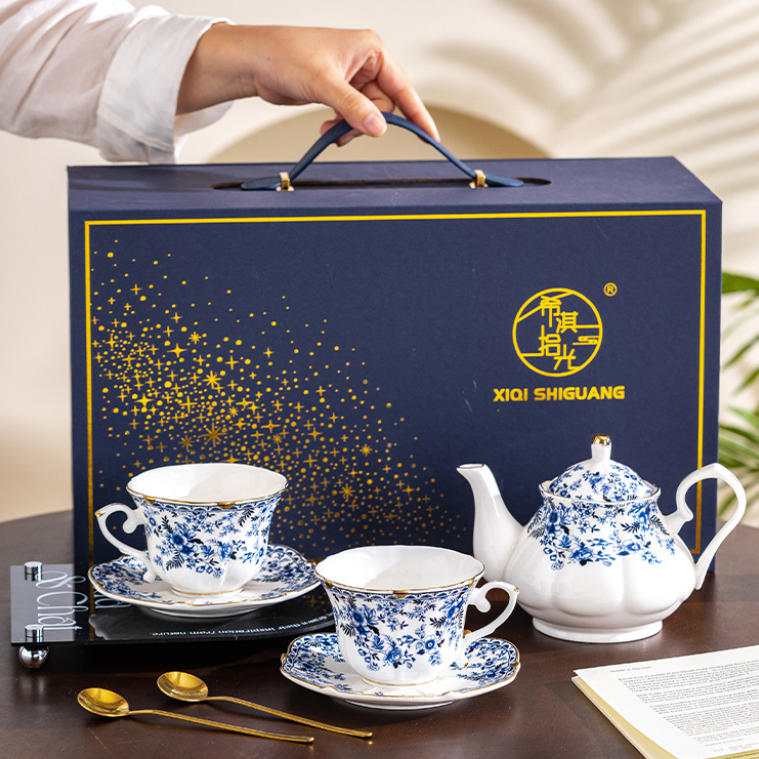 Blue & White Gilt Bone China Tea Set Gift Box