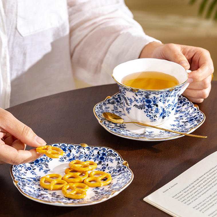 Blue & White Gilt Bone China Tea Set Gift Box